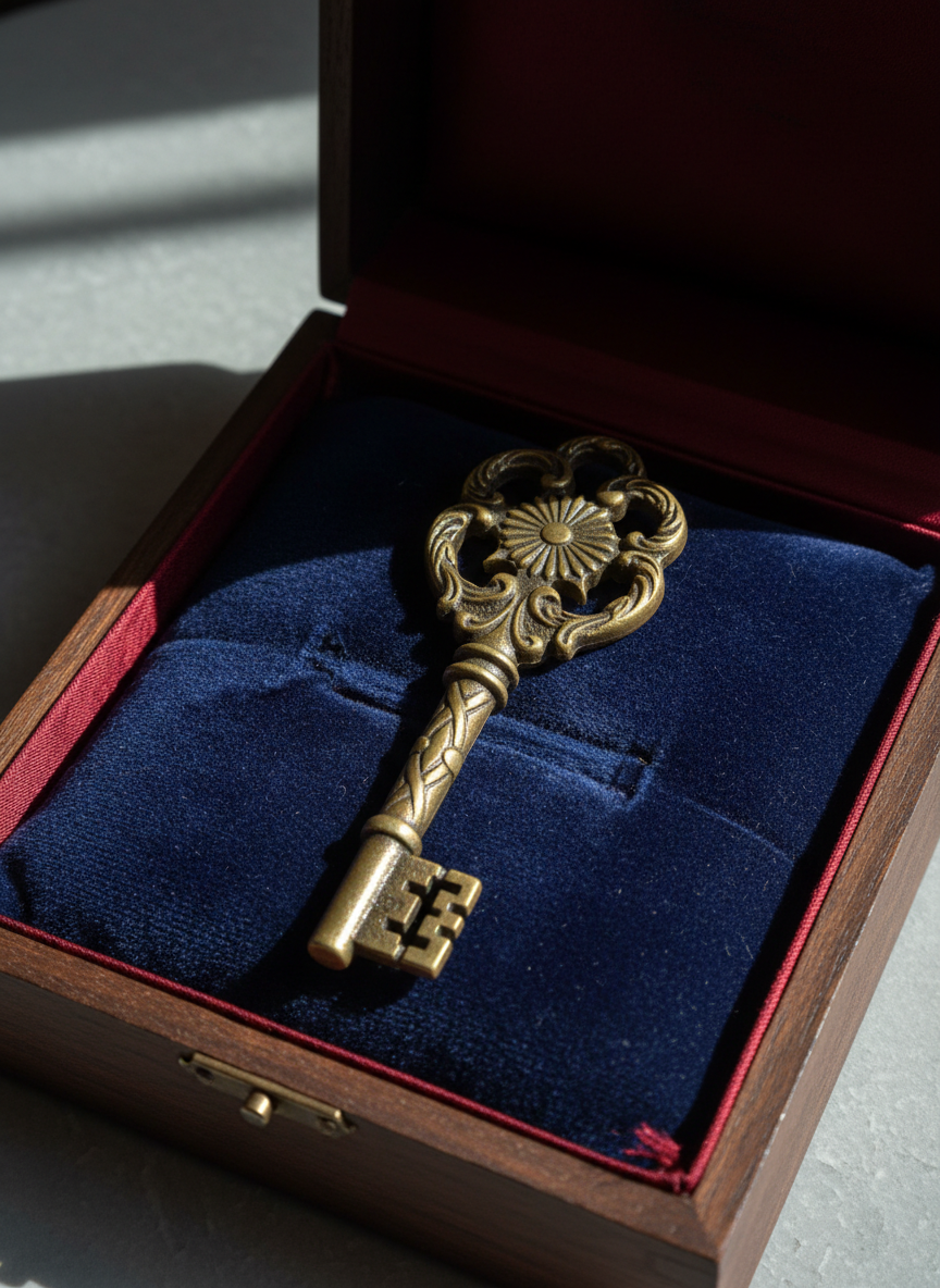 An ornate, vintage key made of burnished brass rests on a velvety, midnight-blue cushion inside a half-open wooden box lined with dark crimson fabric. The key’s surface is intricately engraved, catching glints of light that emphasize every curve and groove. The surrounding box interior shows subtle wear, with frayed edges and compressed velvet adding tactile richness. A single shaft of cool, indirect daylight falls across the key from the top left, leaving the rest of the box in soft shadow, creating a sense of secrecy and invitation. Photographed from slightly above with a tight composition and shallow depth of field, the image feels like a visual metaphor for private access to intimate stories, refined and suggestive without explicitness.