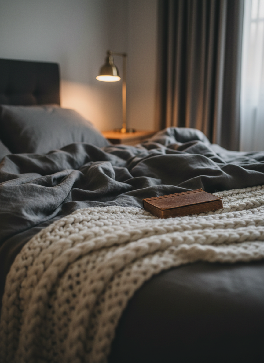 An unmade bed with luxurious dark gray linen sheets and a thick, creamy knit throw is captured in a close-up, emphasizing folds, creases, and tactile textures. A single leather-bound book lies open, face down, on the rumpled duvet beside a slim, antique brass bedside lamp. Late evening light filters through heavy curtains, mixing with the lamp’s warm glow to create soft highlights on the fabric and deep, inviting shadows in the hollows. Shot from a low, intimate angle at mattress level, with a shallow depth of field that blurs the background headboard, the composition suggests a private aftermath and sophisticated sensuality. The mood is intimate, quiet, and restrained, focusing on fabric and surface textures rather than bodies.