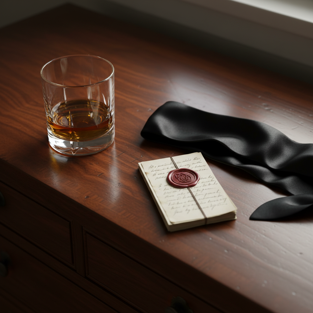 A close-up of a polished mahogany dresser top shows a neatly arranged still life: a crystal tumbler with a trace of amber liquid clinging to its sides, a folded black satin blindfold, and a small stack of cream-colored, handwritten pages secured with a dark red wax seal. The surrounding wood grain is rich and detailed, the satin catching subtle highlights. Soft, directional light from an unseen window creates gentle reflections on the crystal and a delicate sheen on the wax, while the edges fade into soft shadow. Framed from above with a slight angle, the composition feels like a private vignette from an erotic story, sophisticated and controlled, with a strong emphasis on texture and materiality.